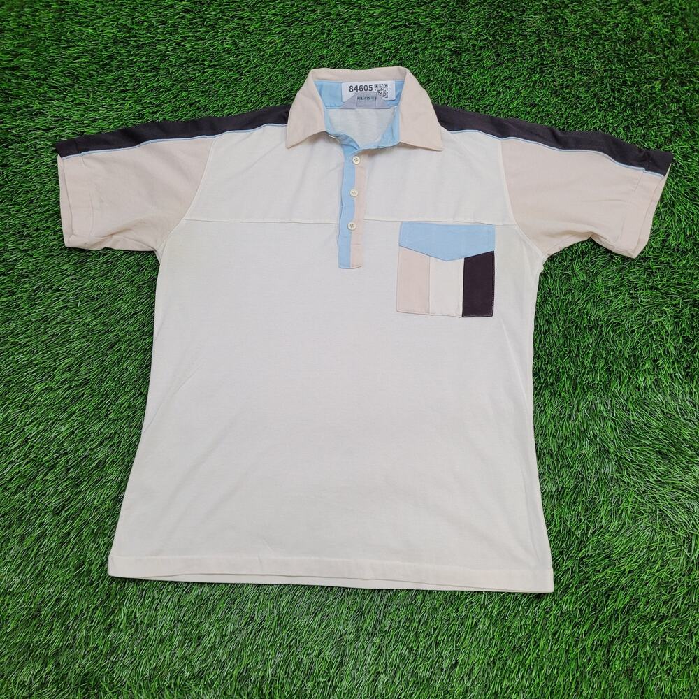 Vintage 90s MOD Disco Polo Shirt S/M 19x25 Ivory Hippie USA